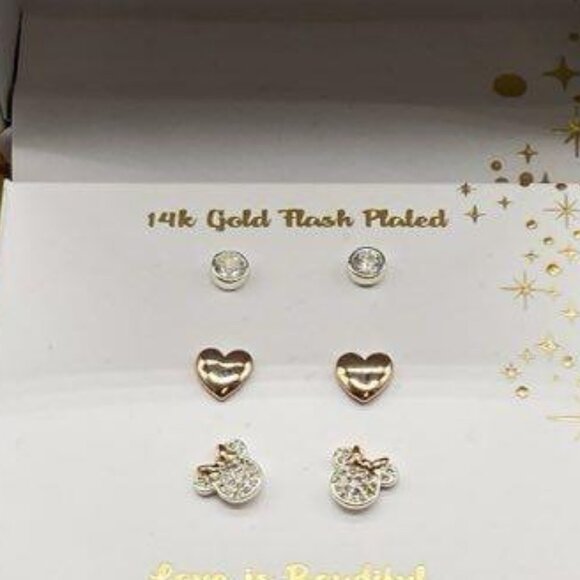 NWT Disney 14K Gold Plated Love is Bowtiful 3 pairs earrings - Picture 2 of 2